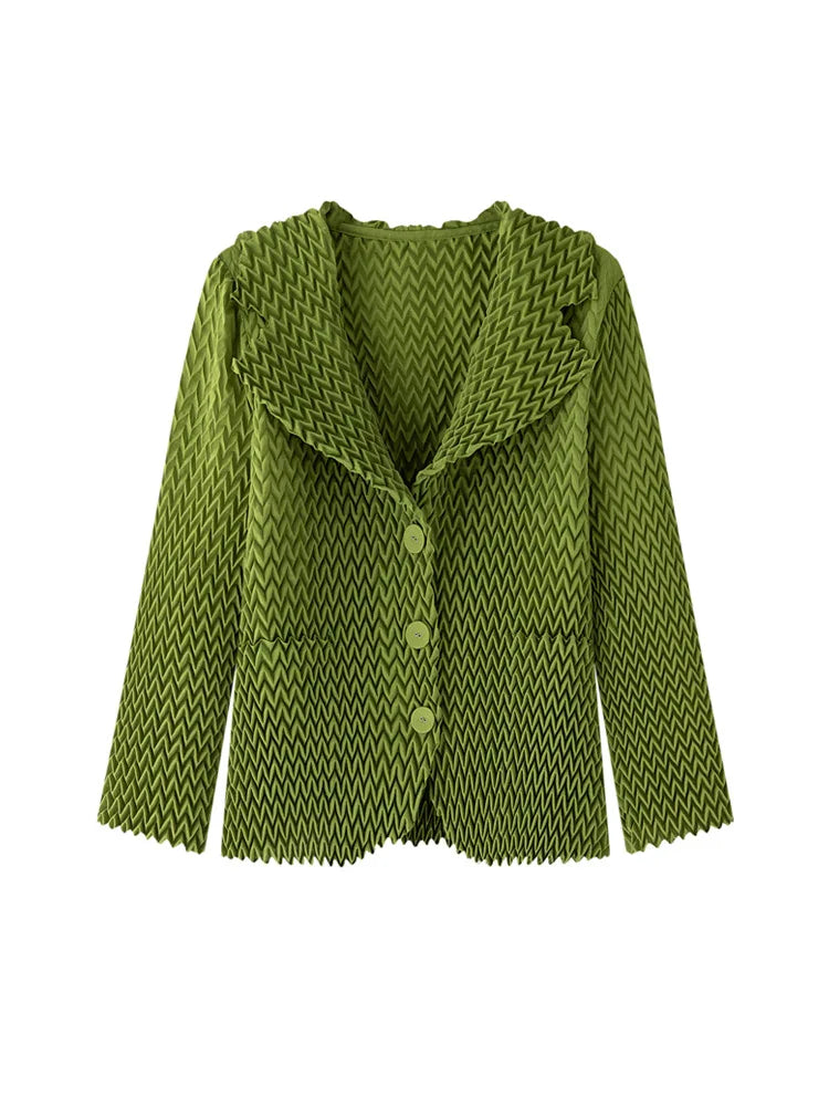 Pleats Original High-end Simple Solid Wave Pleated Small Suit Casual Versatile Long-sleeved Short Jacket Female Spring