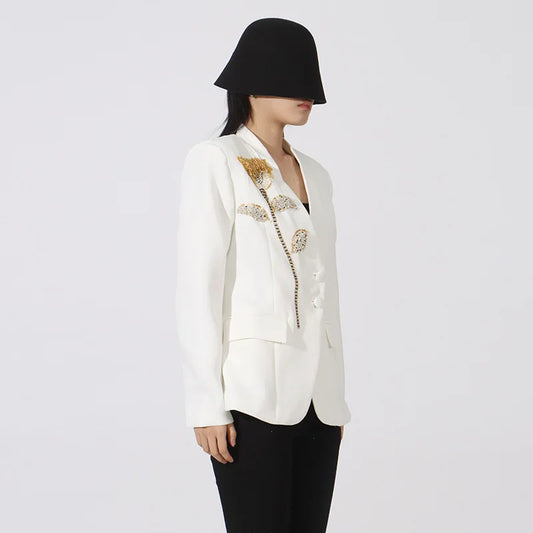 Spring Autumn New Women Blazer V-neck Single Breasted Beaded Flower High-End Slim Fit Elegant Fashion Tide Ins Coat HK16437