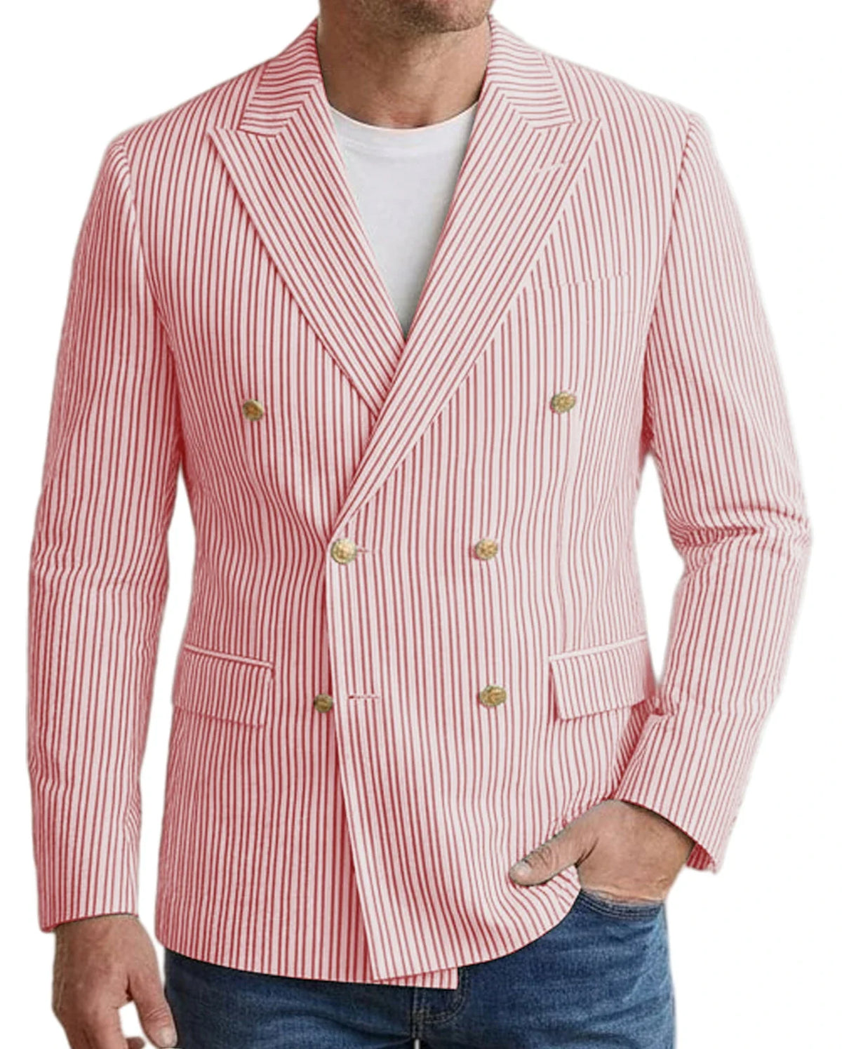 Vintage Men's Striped Double Breasted Blazer Casual Business Suit Jacket Lightweight Notched Lapel Sport Coat Wedding Party Wear