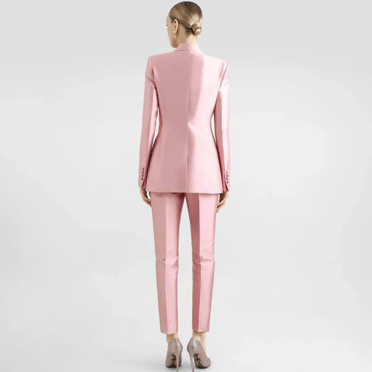 Classic Women Baby Pink Glossy Satin Suit 2 Piece Single Button Peaked Lapel Jacket Pants Slim Fit Formal Banquet Female Outfit