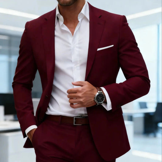Men's Burgundy 2-Piece Suit Set (Blazer + Trousers Only, No Vest Included),Slim Fit Formal Business Wedding Party Jacket & Pants