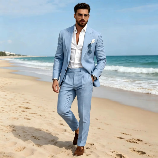2 pièces, costumes beiges en lin pour homme, revers pointu, coupe ajustée, blazer et pantalon, haute qualité, élégant, pour l'été, mariage, bal de promo, vêtements pour homme