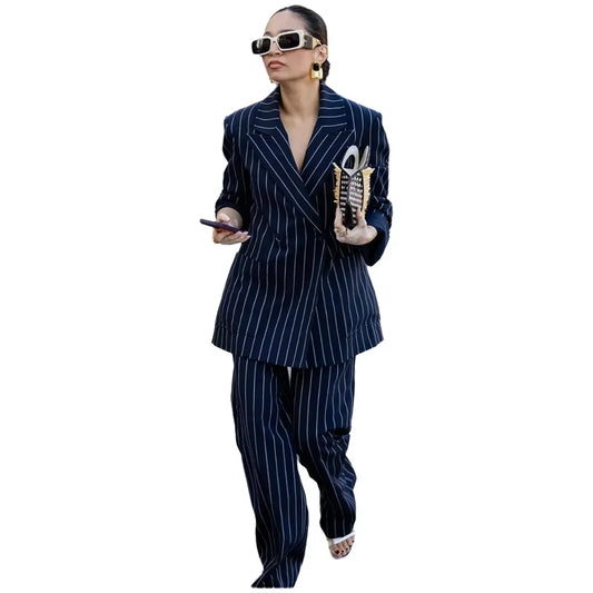Navy Blue Striped Women's Suit Classic Double Breasted Oversized Peak Lapel Blazer Pants Elegant Office Lady Casual 2 Pieces