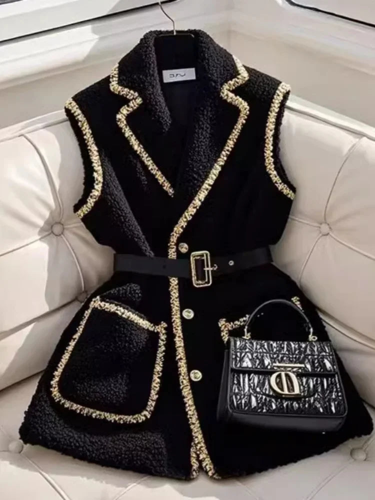 Layering Outerwear Black Lambhair Horseclip Thick Coat Sweet Office Lady Y2K Jackets Sleeveless Blazers Vest New Spring Winter