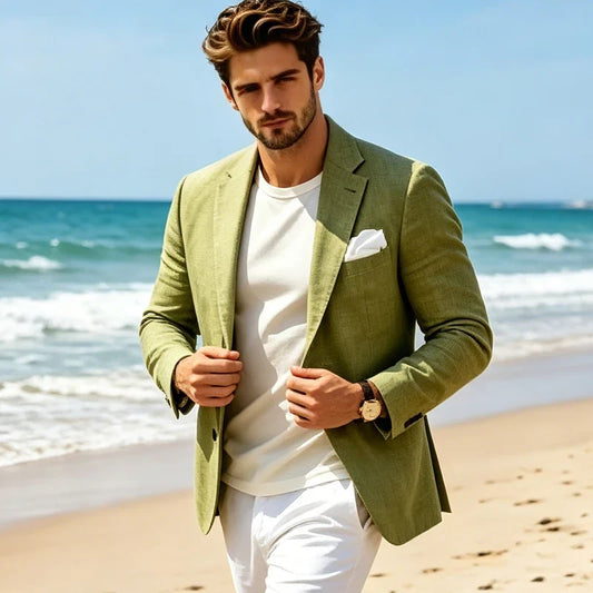 Men's Linen Cotton Blazer Single Breasted Slim Fit Lightweight Summer Casual Business