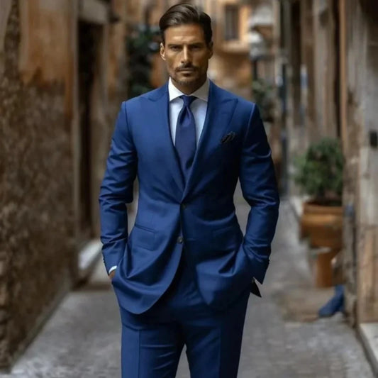 Men's Two-Piece Suit Navy Blue Single-Breasted Slim-Fit Formal Jacket and Trousers for Wedding and Business