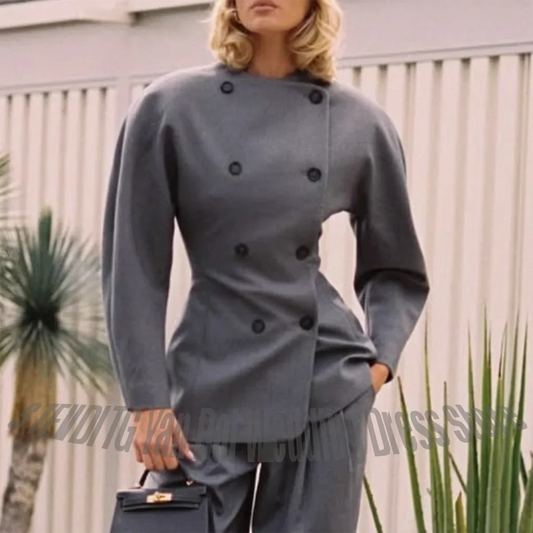 Classic Grey Women's Suit Set Double Breasted Stand Collar Blazer with Puff Sleeve Formal Business Work Wear Tailored Outfit
