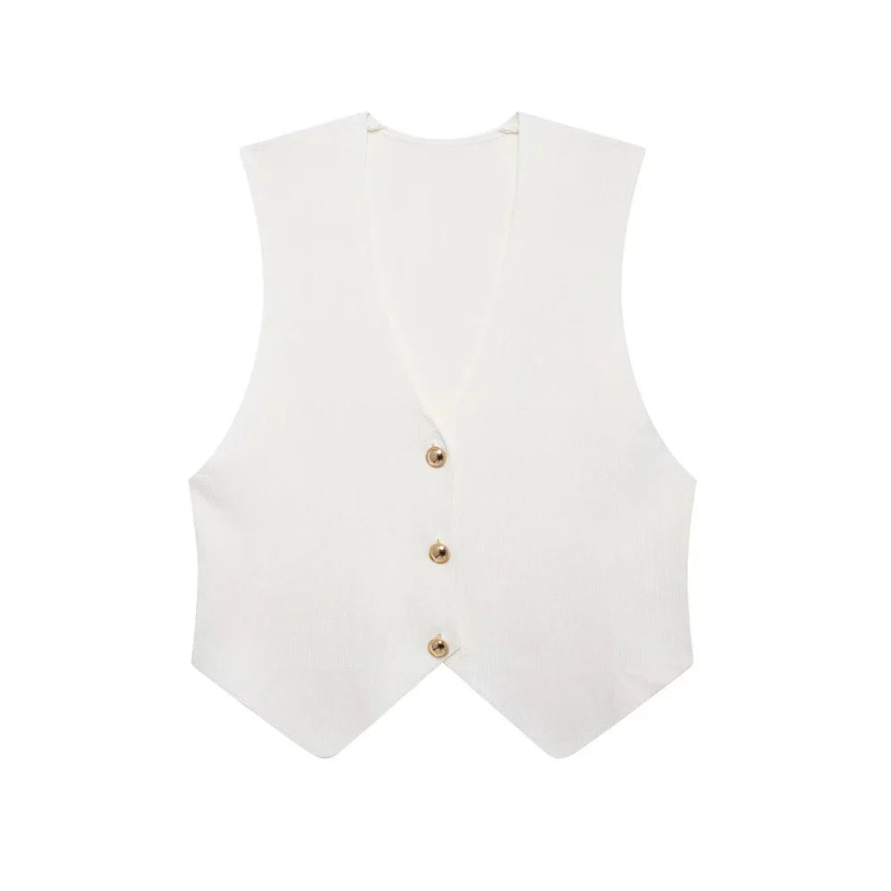 Women's Front Button Crop Knit Vest Sweater, V Neck, Sleeveless, Female Waistcoat, Chic Tops, Fashion