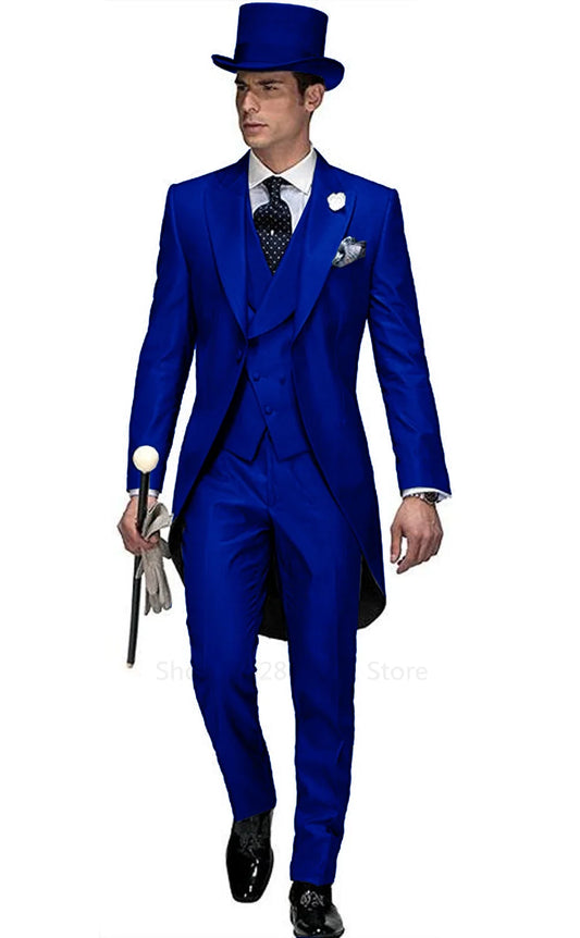 Royal blue Wedding 2026 Men Tail Coat 3 Piece Groom Tuxedo for Formal Prom Male Suits Fashion Set Jacket with Pant Vest