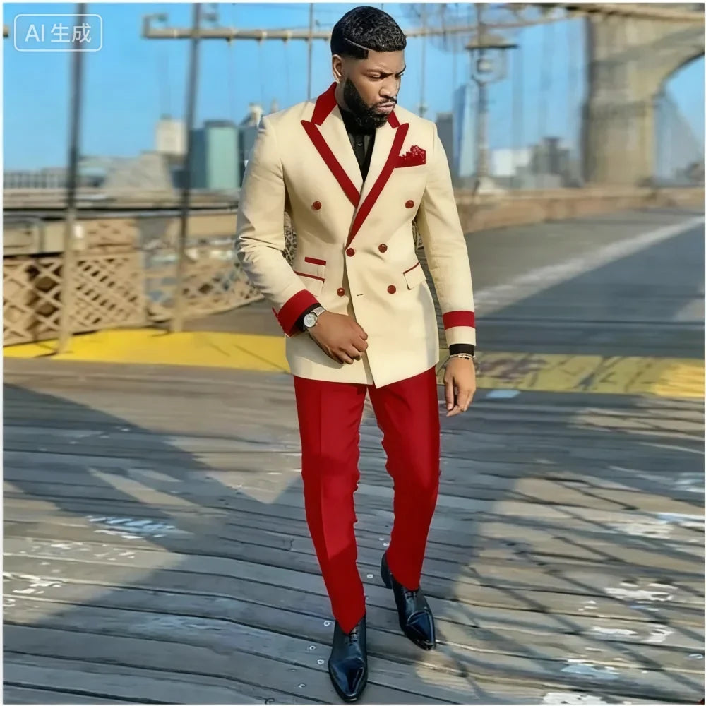 Men's Double-breasted Tailored Tuxedo White Personalized Peak Lapel Slim Fit Groomsmen Smoking Suit Casual Outfit Set