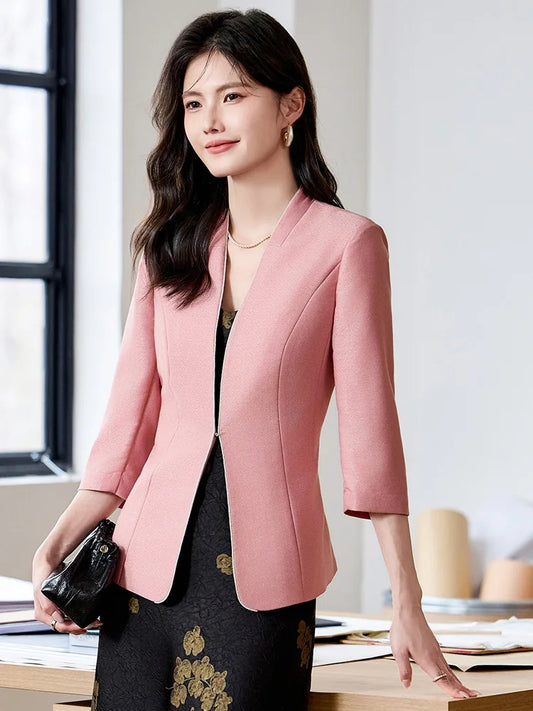 Women's Pink Apricot Black Casual Blazer Half Sleeve Single Button Slim Fit Jacket for Spring Summer Fashion Formal Coat