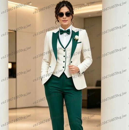 White And Green Formal Business Women Suit Wedding Party Prom Ladies Mother Girl Tuxedos 3 Piece Set Blazer Vest Pants