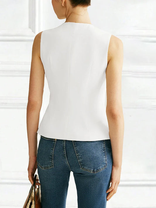 Solid Spliced Button Slimming Vests For Women O Neck Sleeveless Tunic Temperament Vests Female Fashion Style New