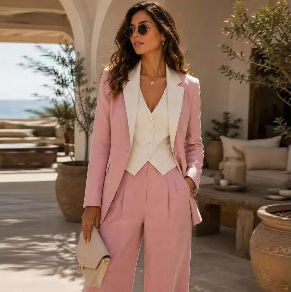 Pink And Ivory Formal Business Women Suit Wedding Party Prom Ladies Mother Girl Tuxedos Costume 3 Piece Set Blazer Vest Pants