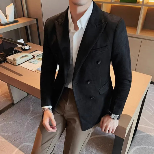 2023 Autumn Winter Suede Blazers Men Double-breasted Buttons Casual Business Suit Jacket Streetwear Social Blazer Masculino