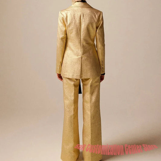 Shiny Gold Women's Suit Double Breasted Notch Lapel Blazer 2Piece Set Lady Luxury Evening Party Prom Fashion Outerwears
