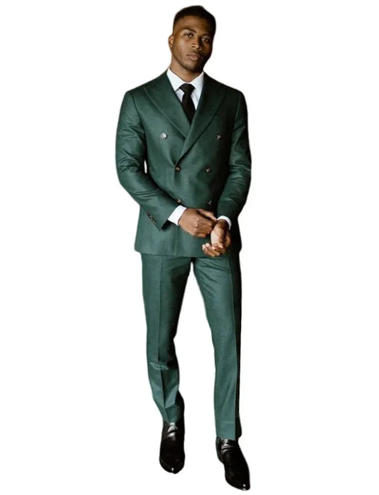 2 Pieces Dark Green Men's Tuxedos Suit Double Breasted Peak Lapel Jacket Pants Set for Business Formal Dinner Wedding Outfits