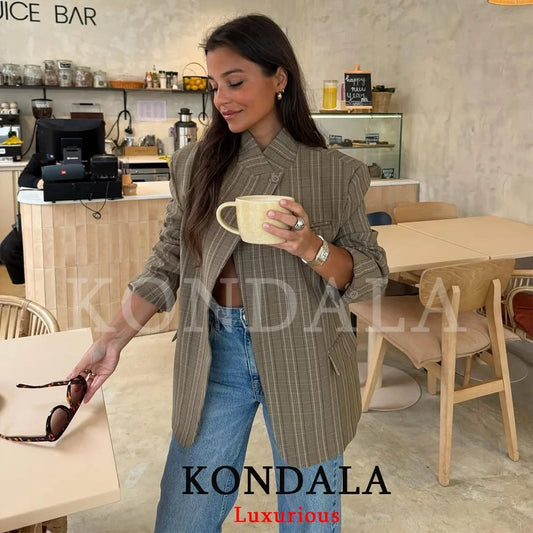 Office Lady Chic Plaid Women Blazer Single Button Front Split Oversize Blazer Fashion 2026 Spring Summer Office Lady Top