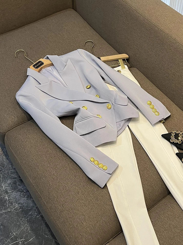 Business Commute Style Women's Long Sleeve Double-Breasted Suit Slim Fit Waist-Cinching Outerwear Fashion D9986