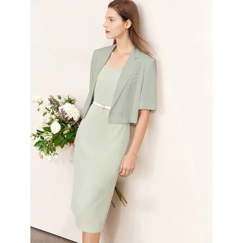 Minimalism Women's Jacket Casual Blazer 2024 Summer Shirts Office Lady Black Business Blazers Short Sleeve Tops 12322062