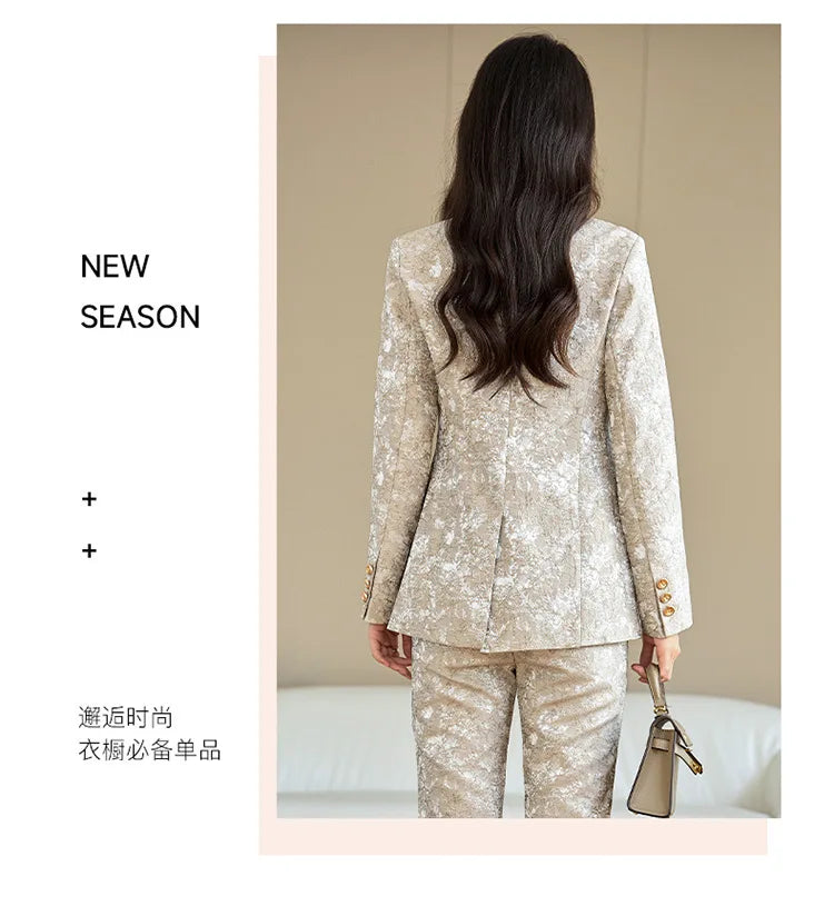 Fashion Apricot Printing Women Pant Suit Elegant Business Office Ladies 2 Piece Set Female Formal Blazer And Trouser