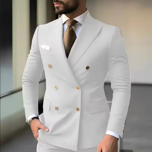 High-End Slim Fit Men's Two-Piece Suit Double-Breasted Design Wedding Groom's Dress Long Pants Jacket Set