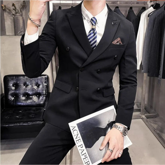 Men's 2 Piece Formal Business Suit Set with Tie Two Button Wedding Groomsmen Party Jacket And Pants Ensemble