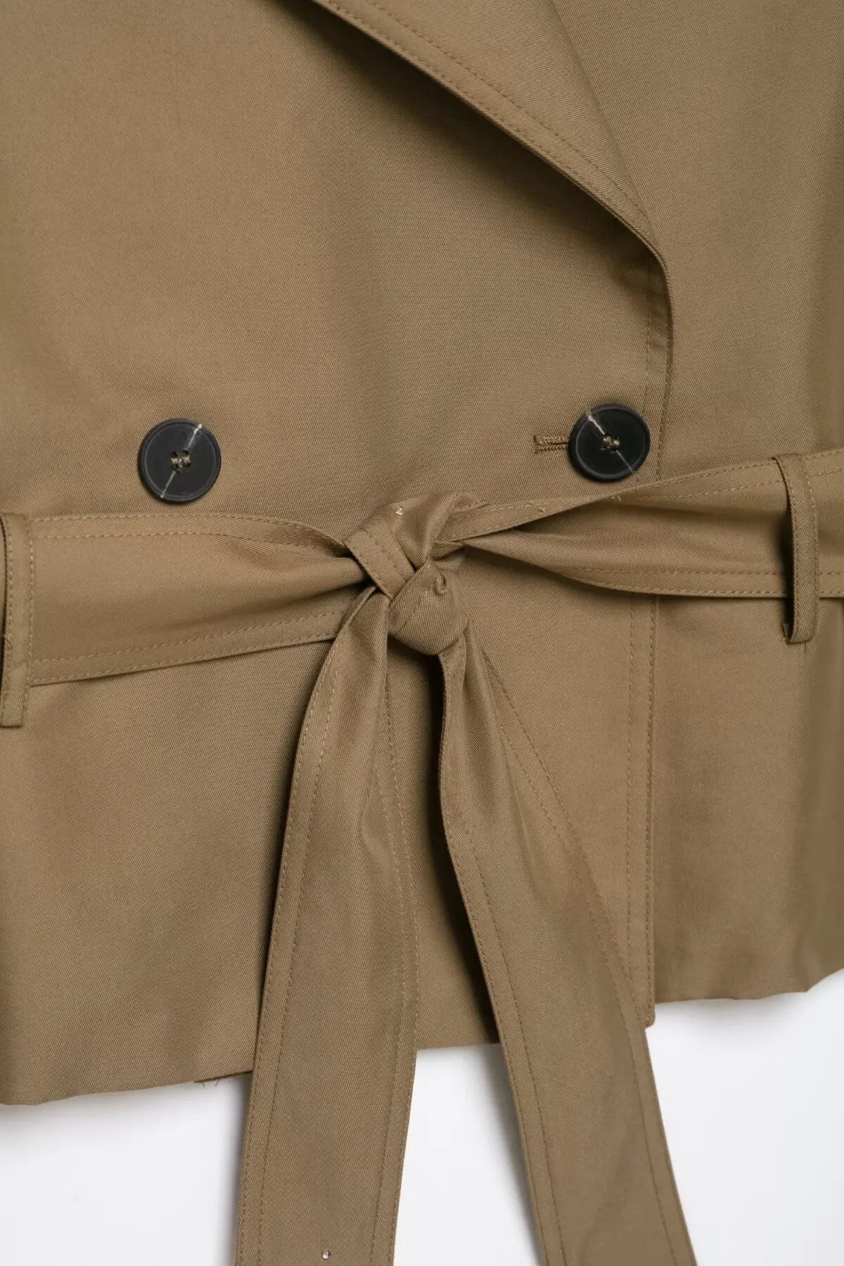 New Slim Fit Cropped Sleeveless Trench Vest Women Khaki Lapel Double Breasted Self Tie Belt Waist Cinching Street Outer Top