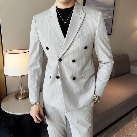 (Jacket + Vest + Pants)Three Piece Set Men Blazers Set stripe Suits Busines Casual Slim Fit Formal Dress Groom Tuxedo Wedding