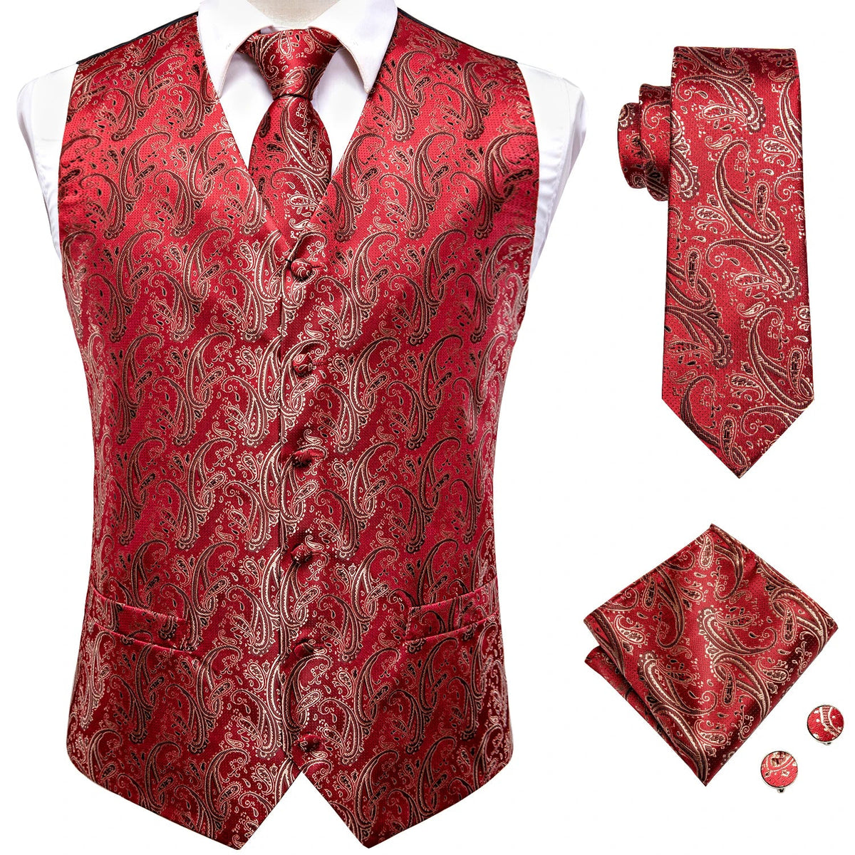 Men's Vest Paisley Jacquard Set with Necktie Pocket Square and Cufflinks for Weddings and Formal Events