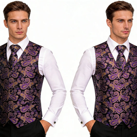 Men's Jacquard Floral Waistcoat Set with Tie, Pocket Square & Cufflinks – Purple Paisley, Wedding & Business
