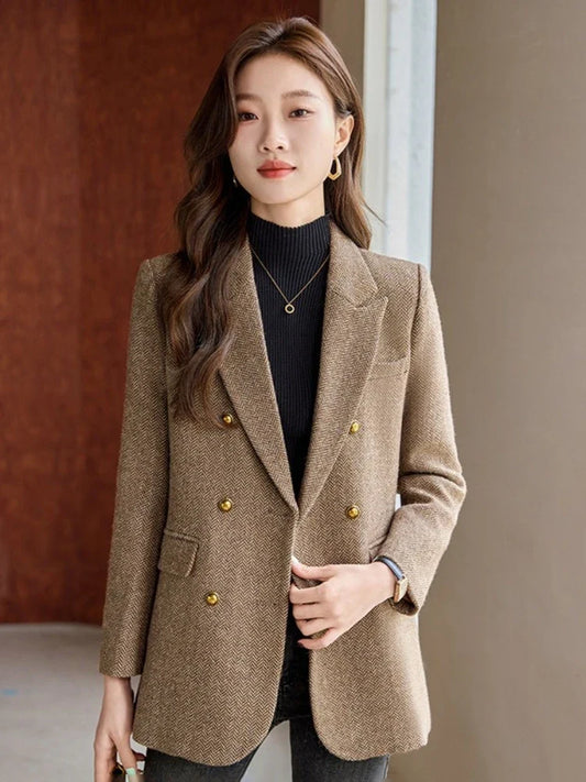 Fashion Grey Blazer Women Coffee Long Sleeve Casual Jacket for Autumn Winter Female Coats Double-Breasted Suit Women’s Clothing