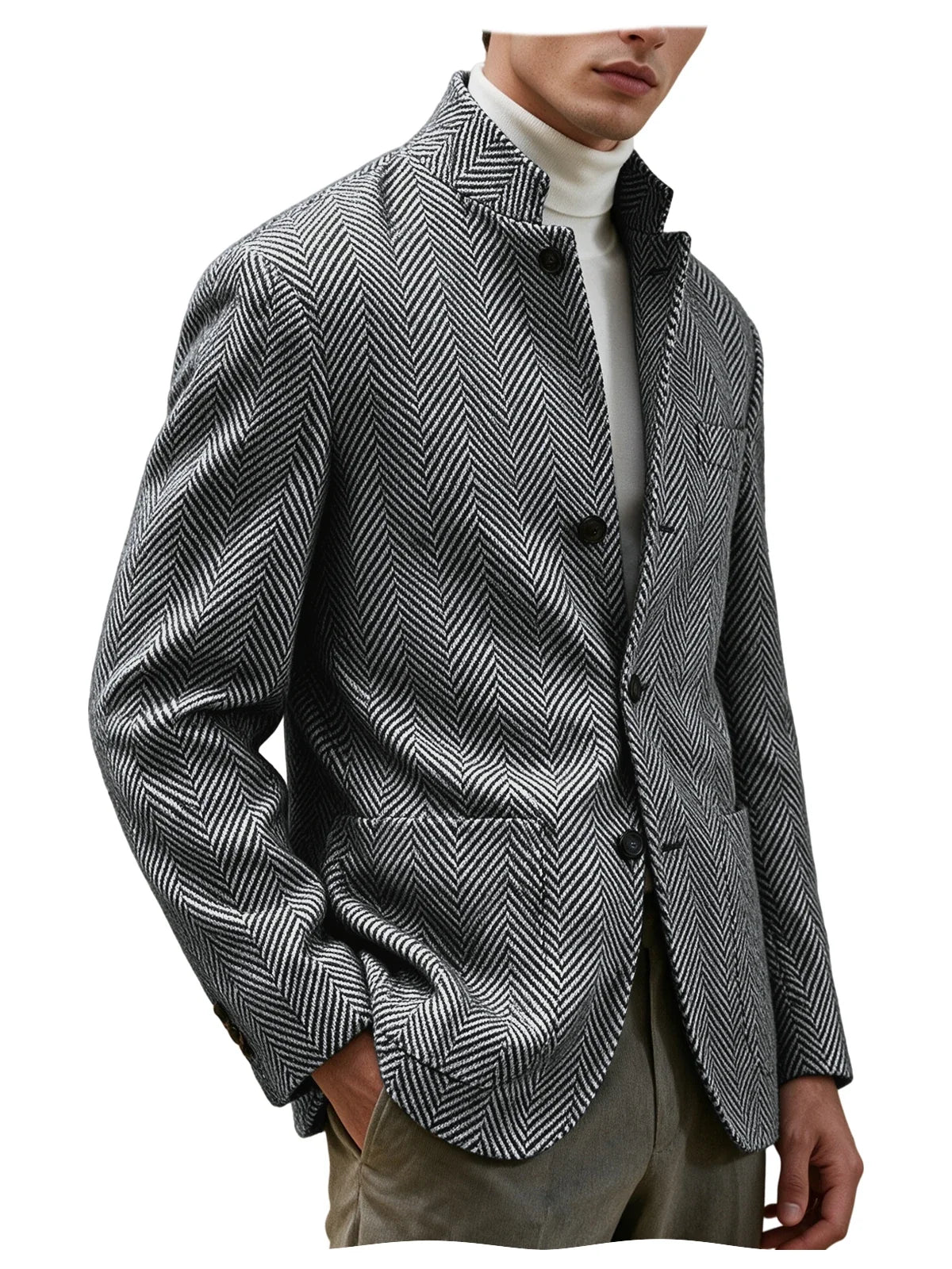 Men's Herringbone Tweed Stand Collar Blazer Notch Lapel Slim Fit Wool Blend Sport Coat Business Casual Wedding Prom Man Jackets