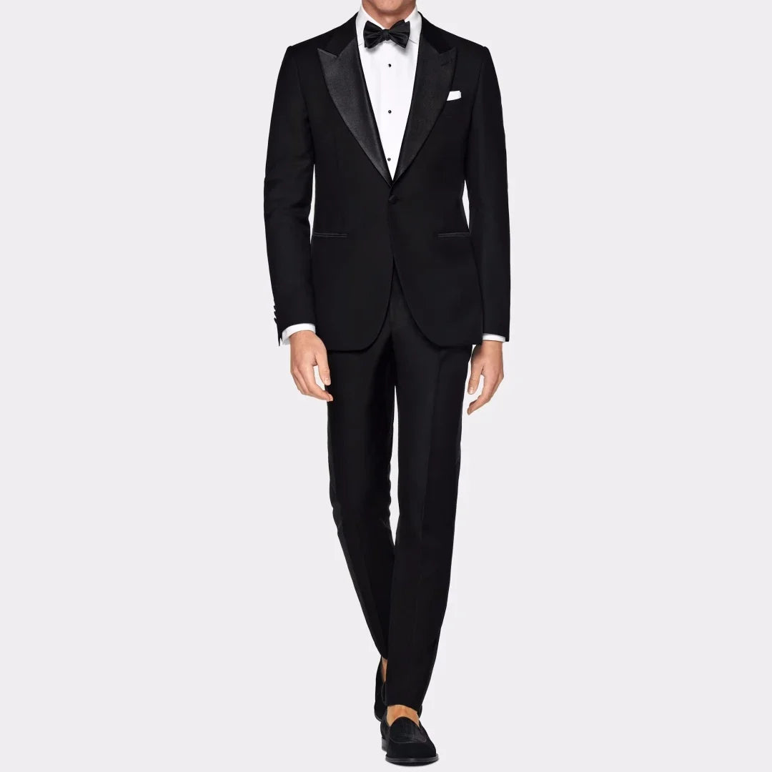 Men Suit Black 2 Pieces Single Button With Bright Black Lapel For Wedding Birthday Banquet Business Work Set Jacket With Pants