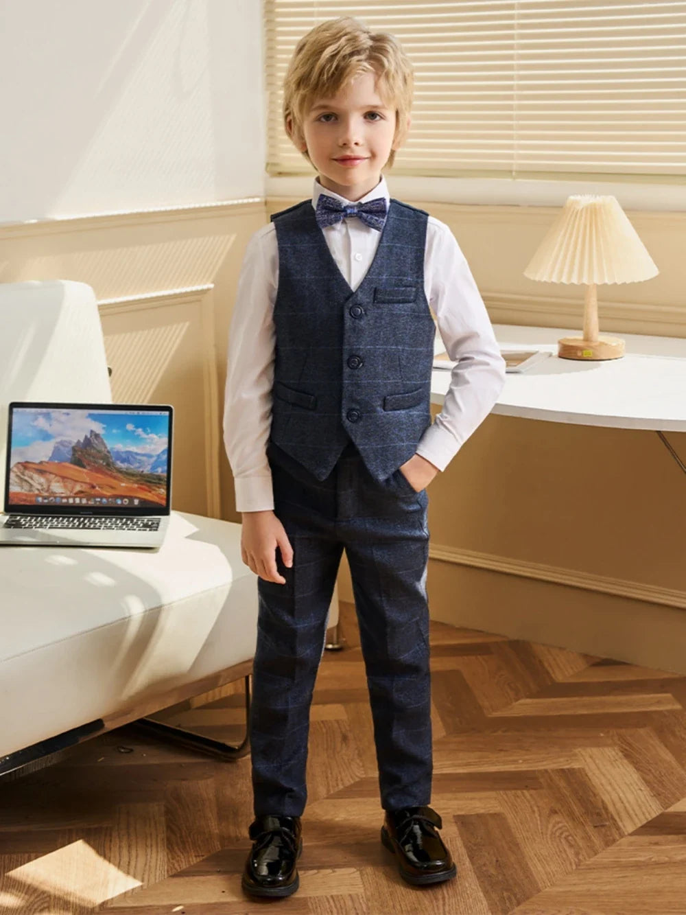 Txjojn Dark Blue Boys Plaid Suit Set 4 Pieces,Formal Long Sleeve Kids Suits For Autumn And Winter,Handsome Children's Tuxedo
