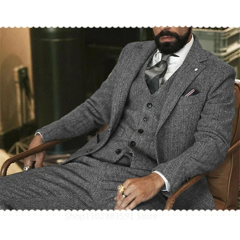Costume 3 pièces pour homme (veste + gilet + pantalon) en tweed de laine gris, motif à chevrons, pour mariage, hiver, costume de cérémonie pour marié