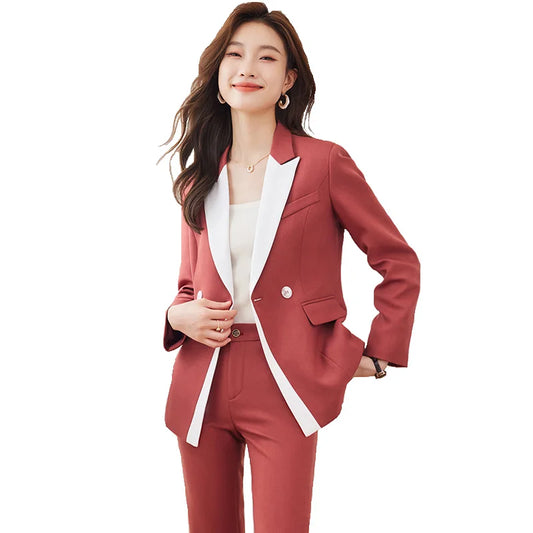 Fashion Red Yellow Blue Contrast Color Suit Set 2023 Autumn New Office Ladies Slim Blazers Fashion High Waist Pencil Pants Suits