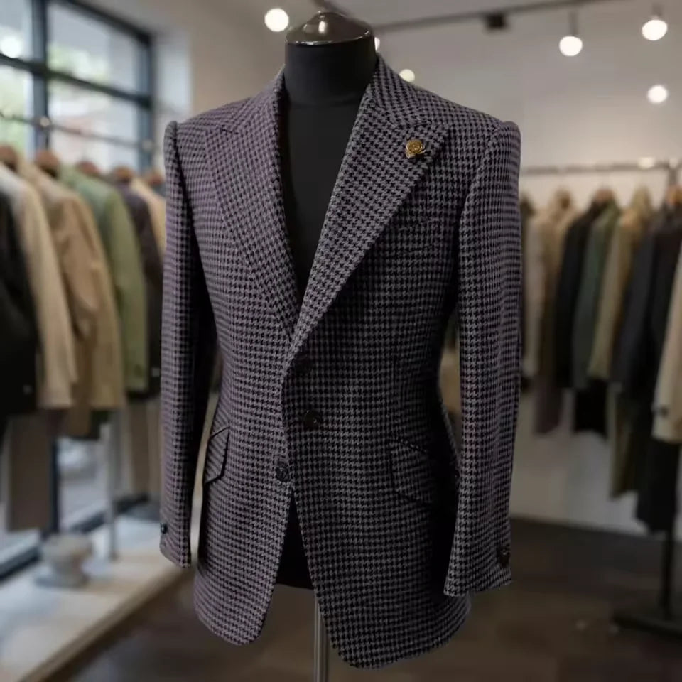 Formal Men's Jacket Houndstooth Woolen Brown Blazer with Peak Lapel Casual Wedding Business Party Coat Autumn Winter Customized