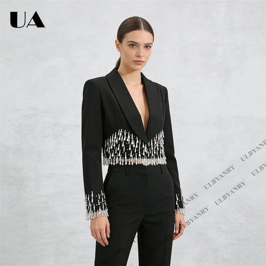 2026 Spring Black Cropped Tuxedo Blazer with Crystal Fringe Trim for Gala Dinner Dramatic Bold Suit Jacket Prom Party
