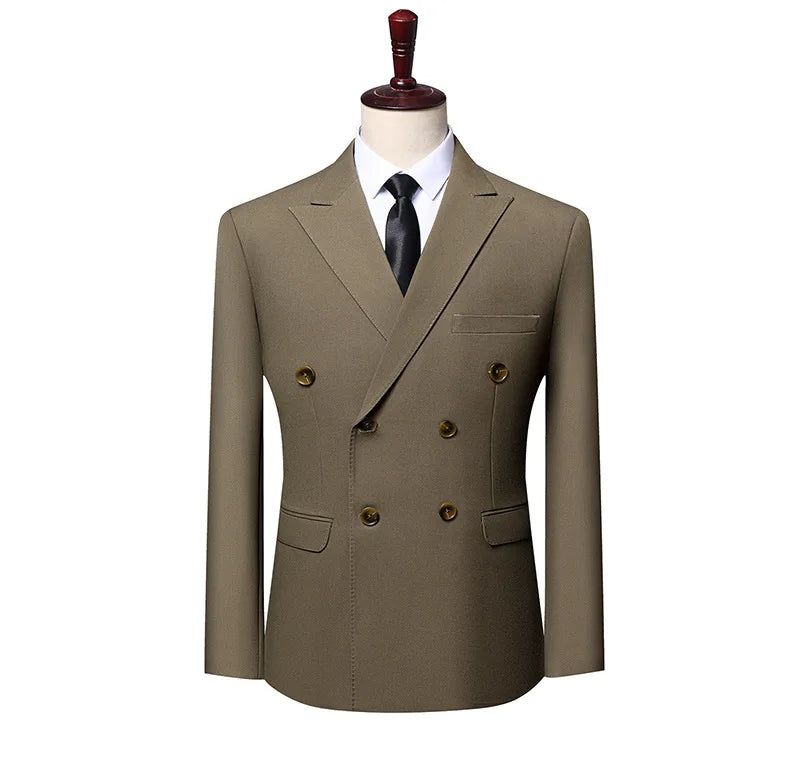 New Men's Double Breasted Khaki Coffee Suit Jacket Slim Fit Formal Business Blazer with Black Tie Wedding Party Office Outerwear