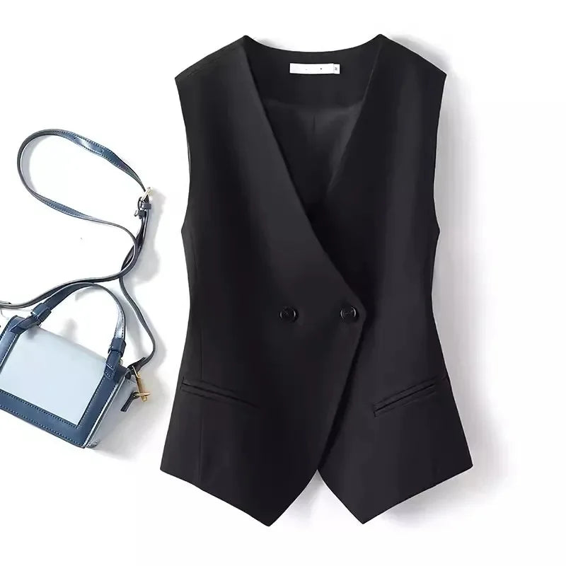 Korean Women Vest 2025 New High-end Casual Suit Vest Commuting Slim Collarless Short Vest Female Sleeveless Jacket Waistcoat Top