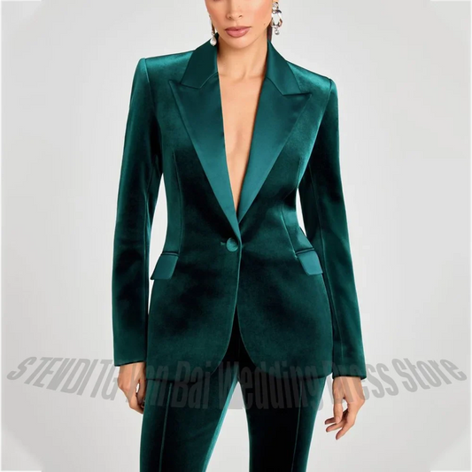 Green Velvet Women's Suits With Satin Lapel Slim Fitted Fashion Clothes Set Peaked Single Button Chic Casual Lady 2 Pieces