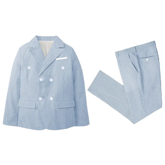 Seersucker Boy Suits 2 Piece Double Breasted Pinstripe Clothing Slim Fashion Breathable Casual Formal Wedding Party Kids Clothes