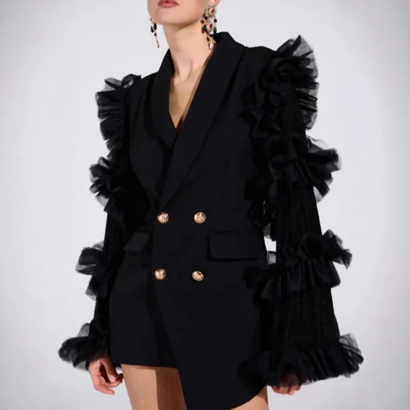 Spring Autumn New Women Blazer Double Breasted Ruffled Long Sleeve Patchwork Slim Fit Elegant Fashion Trendy Jacket HK13405
