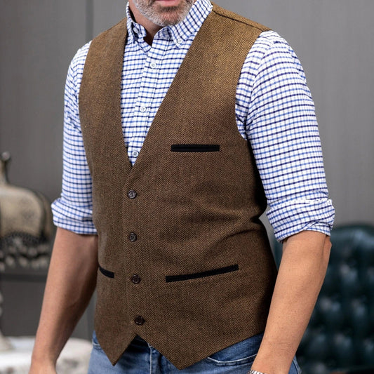 Men's Herringbone Tweed Vest Single Button V-Neck Waistcoat for Weddings and Formal Occasions
