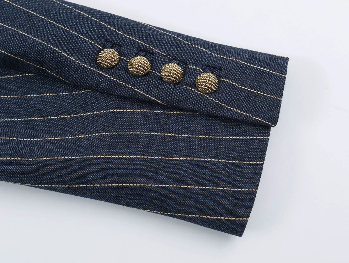 2026 Fashion Women's Navy Pinstripe Blazer Autumn Elegant Female Long Sleeves Button Military Style Slim Suit Jacket