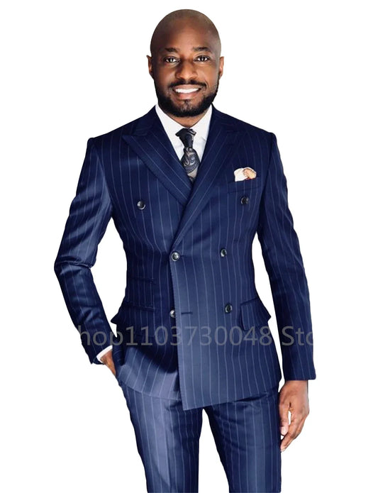 Navy Blue/Black Striped Men Suits Slim Fit Peak Lapel Double Breasted Wedding Groom Tuxedos 2 Piece Business Set (Jacket+Pants