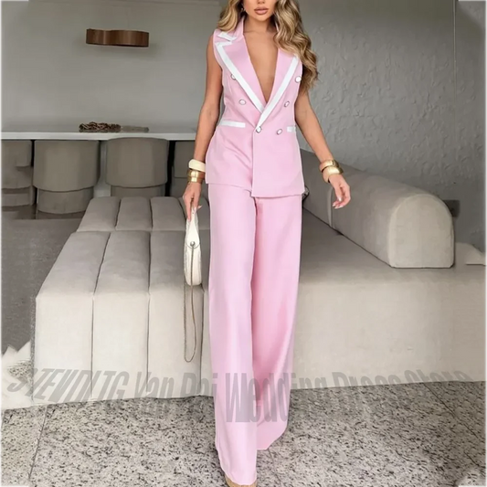 Pink Sleeveless Women Double Breasted Suit White Trim Vest Custom Made Formal Office Wedding Evening Elegant Female 2 Piece Set
