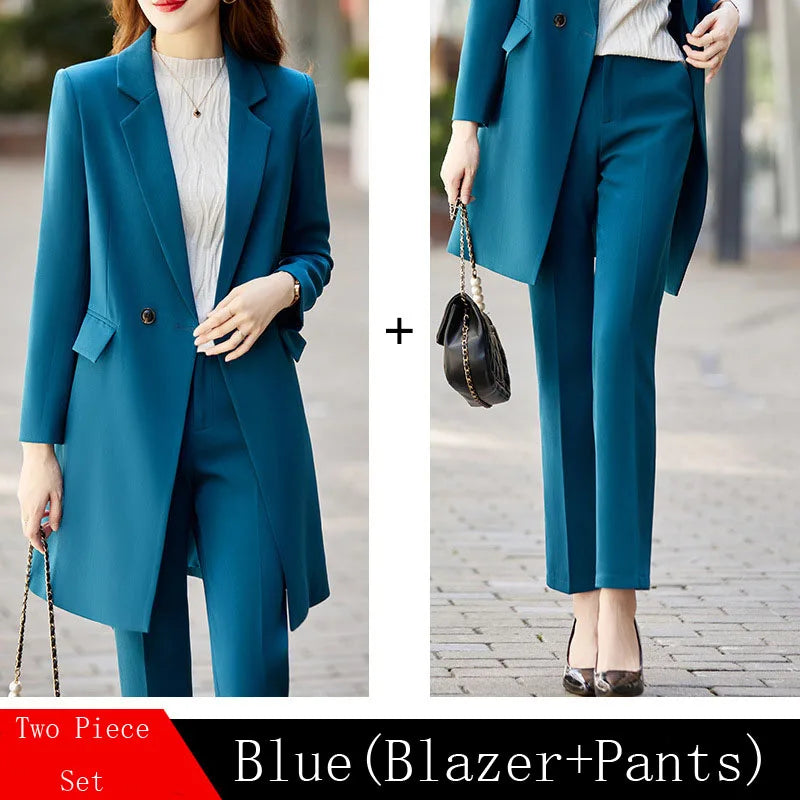 High End Office Professional Women's Blazer Pants 2-Piece Set Fall Fashion Long Female Jacket Over Business Suit Casual Trousers