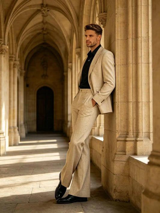 Men's 2-Piece Linen Blend Suit Vintage Slim Fit Peak Lapel Blazer & Flared Trousers Lightweight Casual Suit Jacket Pants Tuxedo